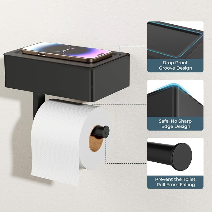 FORIOUS Toilet Paper Holder with Shelf, Wall-Mounted Modern Wipes Dispenser | Matte Black | Toilet Paper Holder with Storage | Flushable Wipes Dispenser for Bathroom | Sanitary Napkin Tampon Holder