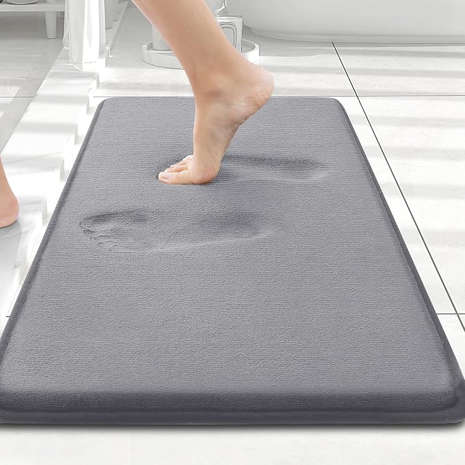 Smiry Memory Foam Bath Mat 24x16, Extra Soft and Absorbent Bathroom Rugs | Medium Grey, Quick Dry Machine Washable Non-Slip Bath Mat for Bathroom Floor, Shower and Tub