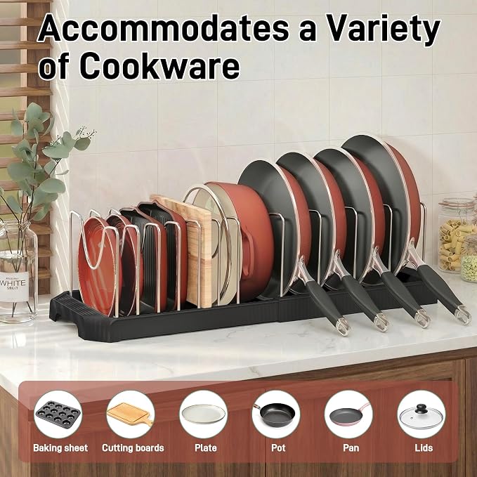 Expandable Pan Organizers Inside Cabinet with 12 Dividers Black | Extends 12.9-21.9", Holds cookie sheets, cutting boards, pot lids and pans, iron dividers, plastic base, under cabinet rack