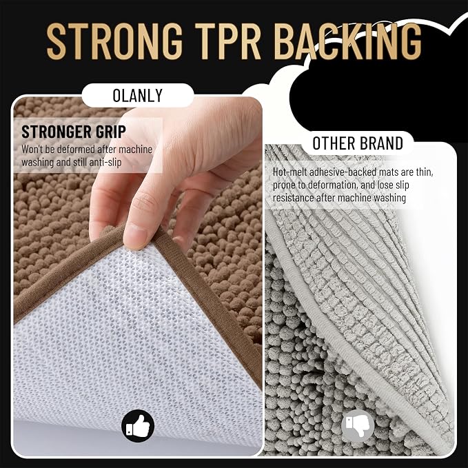 OLANLY Thick Bathroom Rugs 30x20, Soft Chenille Striped Bath Rugs, Mocha | Rubber Backing, Machine Wash, Extra Absorbent Bath Mats for Bathroom Floor, Tub and Shower, Home Decor Accessories