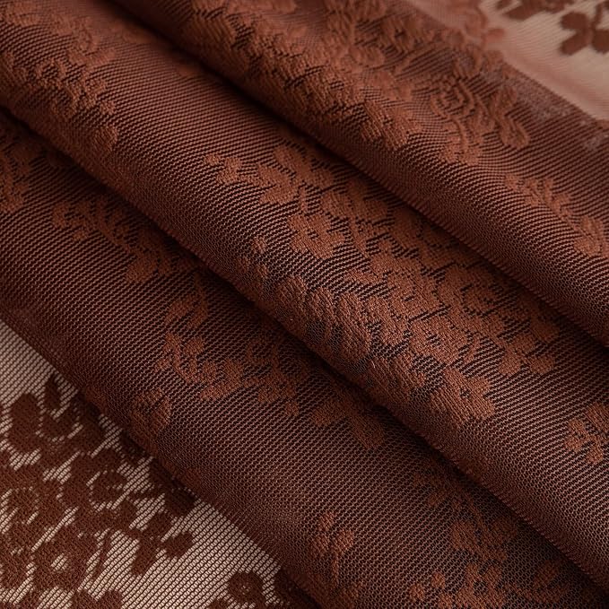 TUDECO Lace Brown Shower Curtain with Attached Valance, 72 x 72 Inch | Chocolate Brown, Cottagecore, Floral Pattern, Autumn Cozy Bathroom Decor, Scalloped Edges, Soft Light, Semi- Privacy