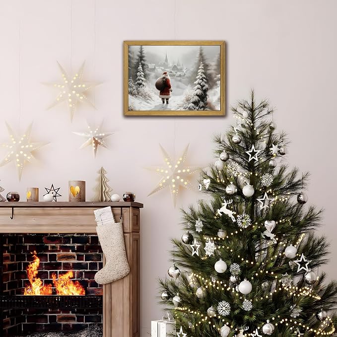 Vintage Christmas Canvas Wall Art, Wood Framed Santa Claus Wall Decor Painting, Rustic Farmhouse Winter Snow Scene Poster Print Picture 16x24 inch, Best Holiday Decor for Living Room Bedroom Home