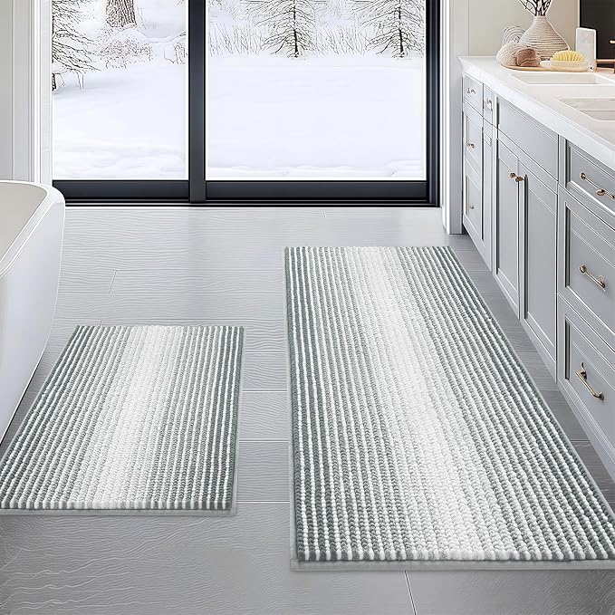 Bathroom Rugs and Mats Sets, 2 Piece Thick Absorbent Chenille Non Slip, Soft Shaggy Floor Mats, Machine Washable (Light Gray, 20" x 47" Plus 16" x 24")
