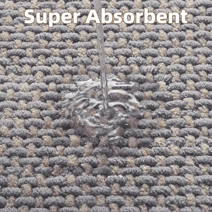 PADOOR-Bath Mat Runner-Super Absorbent Chenille Bathroom Mats-Rubber Backed Bath Mats for Bathroom Non Slip, Easy Clean Bathroom Runner Rugs Front of Bathtub,Shower Room,Sink-17×59 Grey&Beige