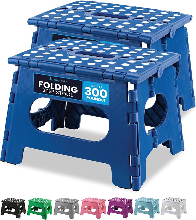 Handy Laundry Folding Step Stool 9 Inch 2-Pack, Blue, Holds 300 lbs | 2-Pack, 9 Inch, Blue, Foldable Collapsible Step Stool, Non-Slip, Holds 300 lbs, Kitchen Bathroom Bedroom, Adults