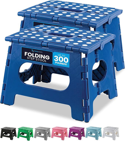 Handy Laundry Folding Step Stool 9 Inch 2-Pack, Blue, Holds 300 lbs | 2-Pack, 9 Inch, Blue, Foldable Collapsible Step Stool, Non-Slip, Holds 300 lbs, Kitchen Bathroom Bedroom, Adults
