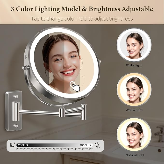 9" Large Wall Mounted Lighted Makeup Mirror, 5000mAh Rechargeable 1X/20X Magnifying Mirror with 3 Color Lights Touch Dimmable, Extended Arm 360° Swivel Bathroom Wall Mounted Makeup Mirror,Pearl Nickel