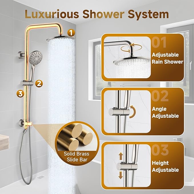 BRIGHT SHOWERS Rain Shower Heads System - 9 Inch Rainfall Shower Head and Handheld Shower Head with Height Adjustable Holder, Solid Brass Rail and 60" Long Stainless Steel Shower Hose, Brushed Nickel