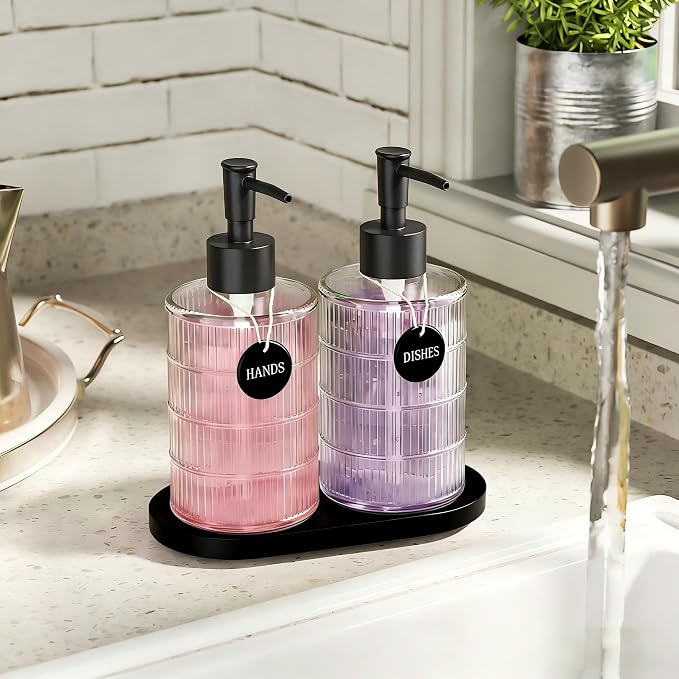 MASADI Soap Dispenser Set with Bamboo Tray, Dish and Hand Soap Lotion Dispenser Set with Wooden Pump for Kitchen and Bathroom Decor for Counter, Modern Vintage Liquid Soap Dispensers (Clear&Black)