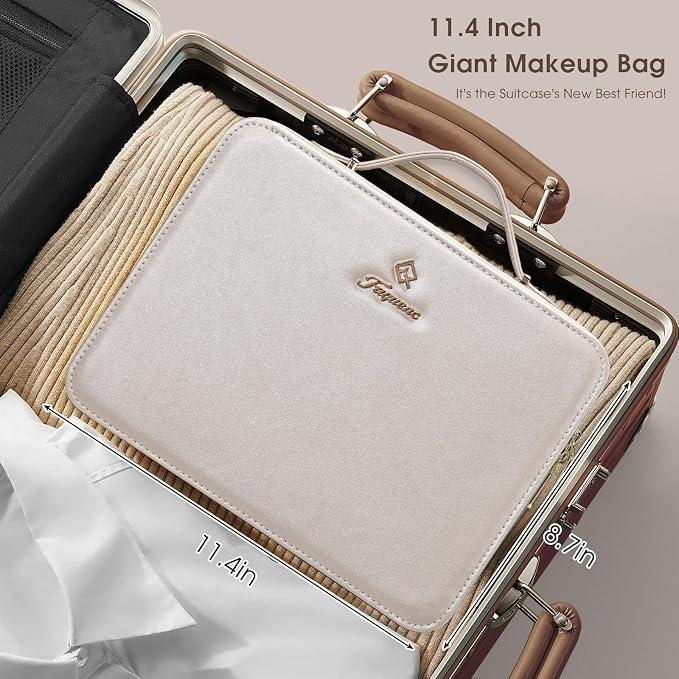 Faquenc Leather Makeup Case with LED Lighted Mirror 11.4 Inch Travel Makeup Bag Adjustable Brightness in 3 Colors Cosmetic Organizer Artist Storage Bag with Dividers Brush Holder Bag Vanity Pale Gold