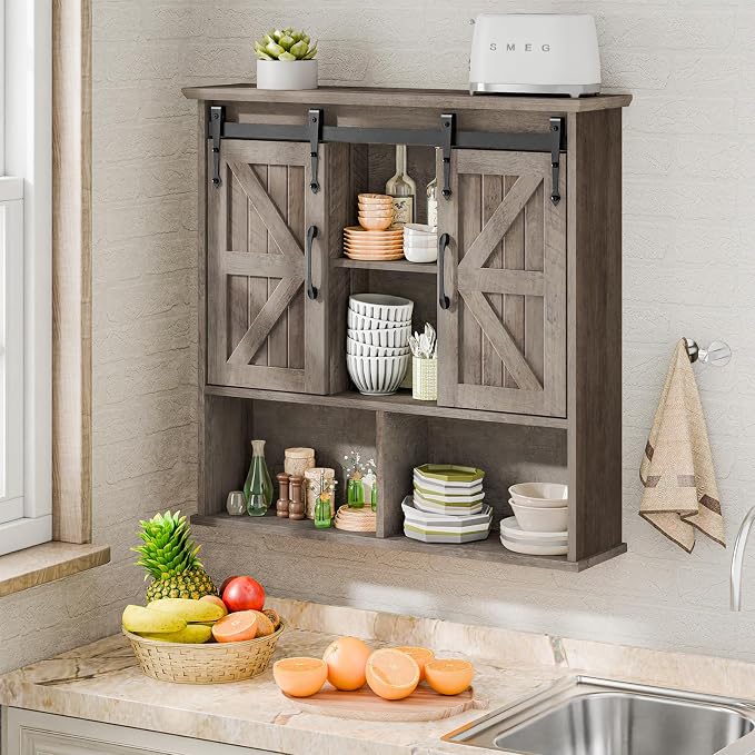Vabches Bathroom Wall Cabinet, Farmhouse Medicine Cabinet, Washed Oak | Wooden Vintage Storage Cabinet Wall Mounted with Double Sliding Barn Door and Adjustable Shelf for Bathroom, Kitchen