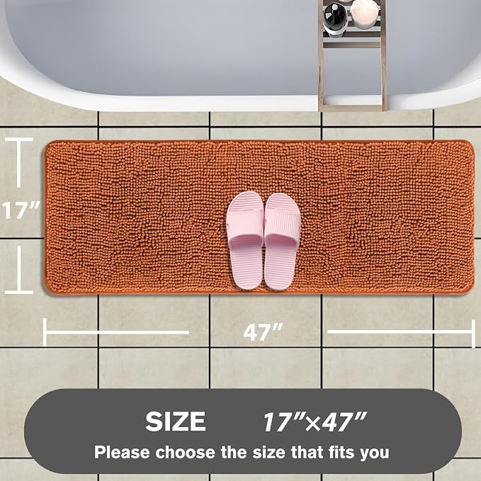 Bathroom Runner Rug 47 x 17 Inch – Long Bath Mat | Absorbent and Washable Thick Chenille Bath Rug Non-Slip Runner Rug for Bathroom, Shower, Sink(Burnt Orange)