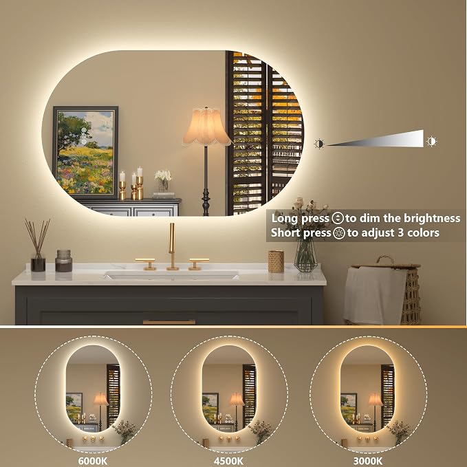40x24 Inch Oval Backlit LED Bathroom Mirror with Lights | Lighted Vanity Mirror for Wall, Dimmable, 3 Colors Lighting, Anti-Fog, Pill-Shaped, Memory, ETL Listed, Horizontal/Vertical