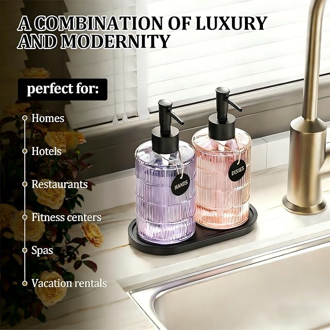 MASADI Soap Dispenser Set with Bamboo Tray, Dish and Hand Soap Lotion Dispenser Set with Wooden Pump for Kitchen and Bathroom Decor for Counter, Modern Vintage Liquid Soap Dispensers (Clear&Black)