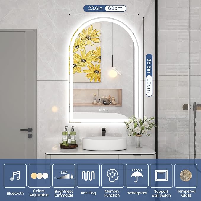 STARLEAD 36"x24" Arched LED Bathroom Mirror with Bluetooth Speaker, Dimmable Lighting, 3 Color Temperature, Anti-Fog, Touch Control Wall Mounted Vanity Mirror