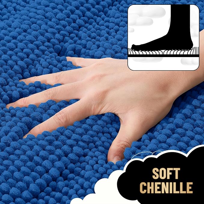 OLANLY Thick Small Bathroom Rugs 24x16, Chenille Bath Rugs, Deep Navy Blue | Rubber Backing, Machine Wash, Extra Absorbent Striped Bath Mats for Bathroom Floor, Tub and Shower, Home Decor Accessories