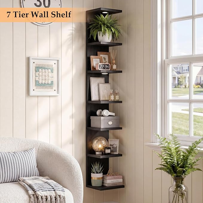 7-Tier Floating Shelves for Wall, Corner Shelf with LED Lights Lack Shelf for Home Organizer Display, Space-Saving, for Kitchen, Living Room, Bedroom, Modern, Black