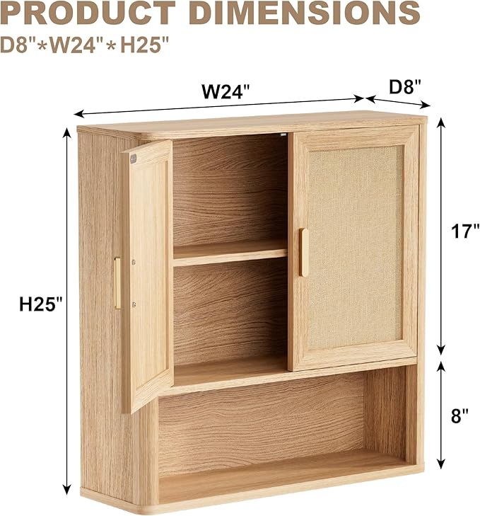 Rattan Bathroom Wall Cabinet with Open Compartments, Wall-Mounted Medicine Cabinet with Adjustable Wood Shelf & Doors, Over the Toilet Storage Cabinet for Laundry Room & Kitchen & Living Room