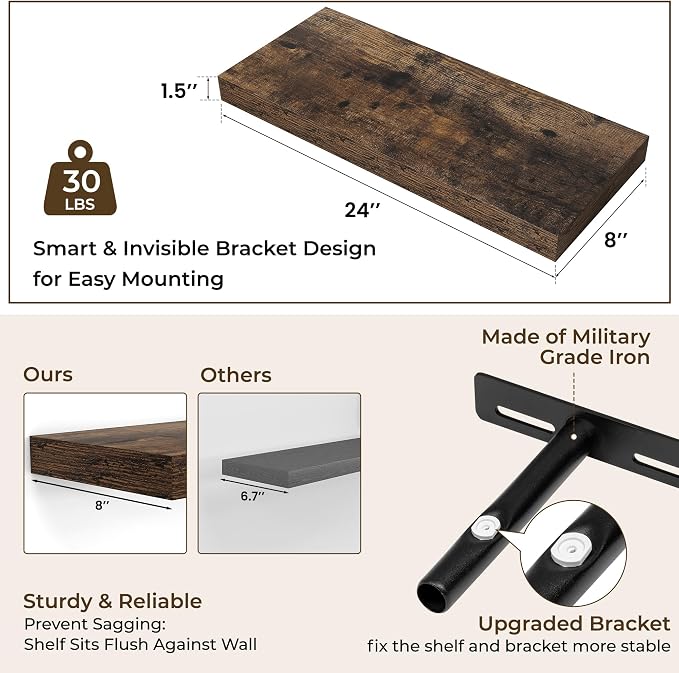 RICHFOCUS 24Inch Floating Shelves for Wall 2 Pack Shelves for Bedroom|Kitchen|Bathroom Wall Mounted Rustic Wood Floating Shelf with Invisible Brackets for Books|Storage|Decor, Rustic Brown