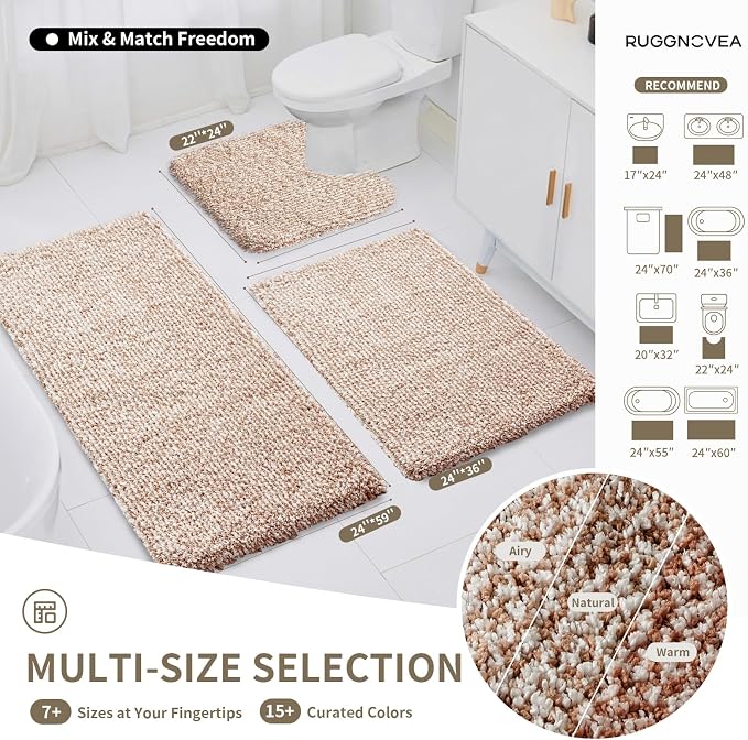 Bathroom Rugs Non Slip Washable 59x24, Ultra Soft Thick Shaggy Absorbent Bath Mats,High Density Foam Latex Non Slip Backing Bath Rugs,Microfiber Bath Mats for Bathroom Floor&Sink,White Beige
