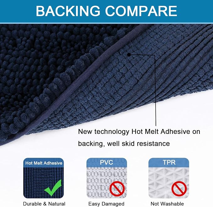 H.VERSAILTEX Bathroom Rugs Bath Rugs for Bathroom Non Slip Bath Mats Extra Thick Chenille Striped Rug 17" x 24" Absorbent Soft Shaggy Washable Dry Fast Bath Mats for Bath Room Floor - Navy