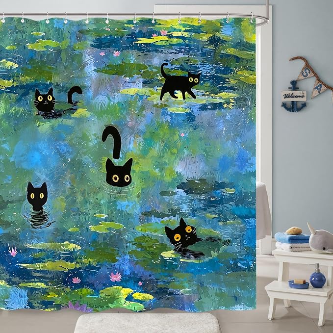 Accnicc Cute Cat Shower Curtain 78 Inch Long Funny Fun Cool Cats Monet Shower Curtains for Bathroom Water Lilies Waterproof Fabric Bath Curtain Decor