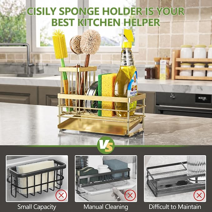 Cisily Gold Sink Caddy Sponge Holder for Kitchen with Brush Holder and Stainless Steel Self Drain Tray, Rustproof Kitchen Sink Organizer for Sponge, Soap Dispenser Storage Accessories