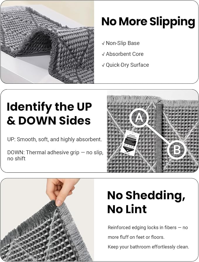 Waffle Bath Mat Set, Non Slip Bathroom Rugs 2 Piece, Gray & Light Gray | Ultra Absorbent Long Bath Rug Runner for Bathroom Boho Chic Decor, Machine Washable Floor Mats, 20"×47" Plus 18"×30"