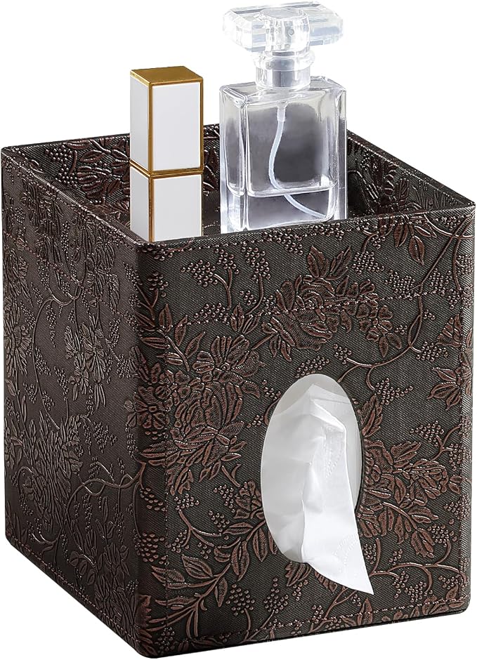 Square Tissue Box Cover, Stylish Leather Tissue Box Holder with Magnetic Bottom, Used As A Decorative Tissue Holder for Living Rooms, (Beige Woven Pattern) (Two-Layer Brown Grape Pattern)