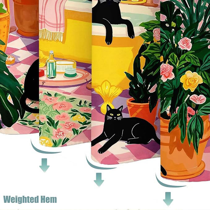 Accnicc Boho Cat Shower Curtain for Bathroom 72 X 84 Inches | Cute Funny Black Cats Matisse Extra Long Shower Curtains, Tropical Plant Bathroom Decor, Water-Resistant Washable Polyester