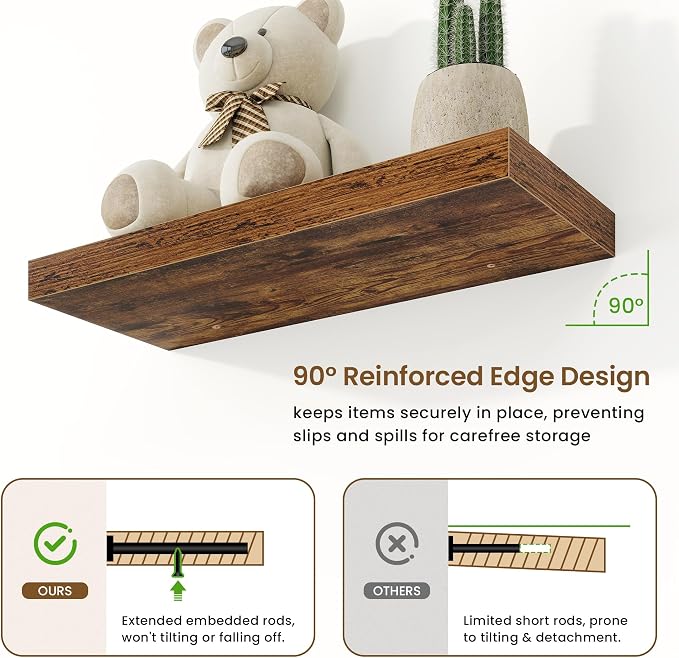 9.25in Depth 24in Floating Shelves, 24x9.25x1.4, Rustic Brown, Set of 2 | Wall Mounted Engineered Wood Shelves, Invisible Brackets for Living Room, Bedroom, Bathroom, Kitchen Decor and Storage