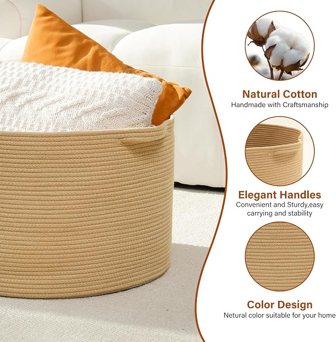 Foldable Laundry Hamper Basket with Collapsible Handle Cotton Rope Soft Woven Fabric Storage Organizer Clothes Toys Nursery Bedroom Dorm Space Saving Bin (Camel, 115L(23.6"D x 15.7"H))