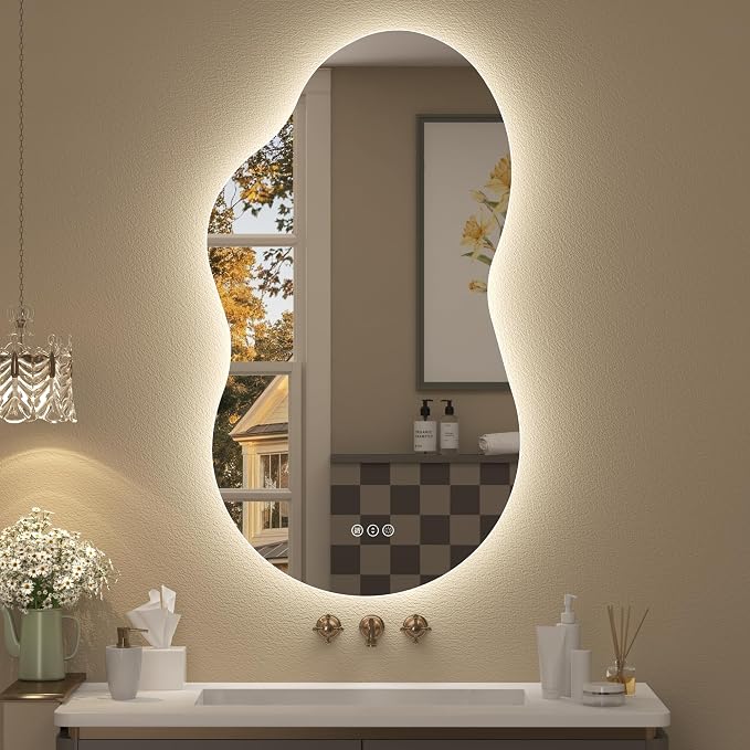 20x36 Inch Irregular Backlit Led Lighted Vanity Mirror | Asymmetrical Bathroom Mirror with Light, Cloud Shape, Fogless, Dimmable, Memory, 3 Colors, Shatterproof (Horizontal/Vertical)
