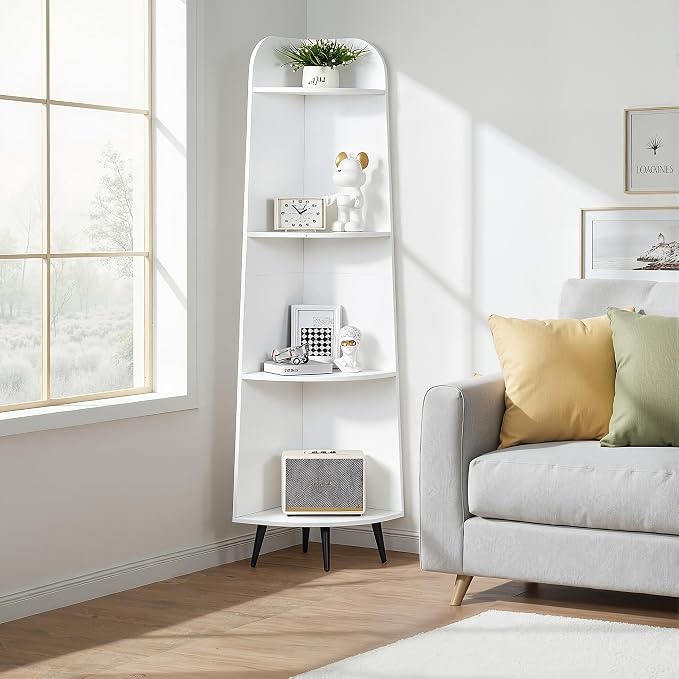VECELO Large Tall Corner Shelf, 66.93" H 4-Tier Corner Storage Organizer, Freestanding Corner Display Rack for Living Room Bedroom Home Office, White