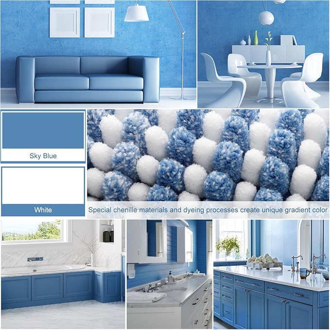 Bathroom Rugs and Mats Sets, 2 Piece Thick Absorbent Chenille Bath Mat Rug Set Non Slip, Soft Shaggy Bath Room Floor Mats for Bathroom, Machine Washable (Sky Blue, 24" x 70" Plus 20" x 32")