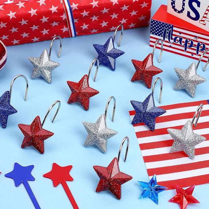 12 Pack Star Shower Curtain Hooks Patriotic Red White Blue Hangers | Resin and Rustproof Stainless Steel, Glide Smoothly Without Scratching Rods, Glitter Star Patriotic Festive Decor