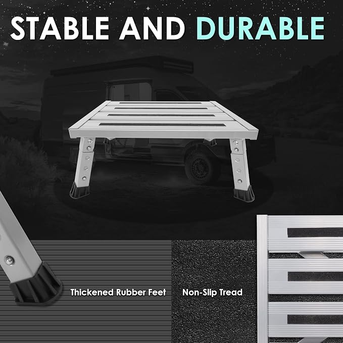 Adjustable RV Step Stool, Wide Platform, Foldable Legs, Silver | 3 Height Settings, 1,000-lb Capacity, Aluminum Frame, Non-Slip Rubber Feet, Portable Step for Camper Stairs and Trailers
