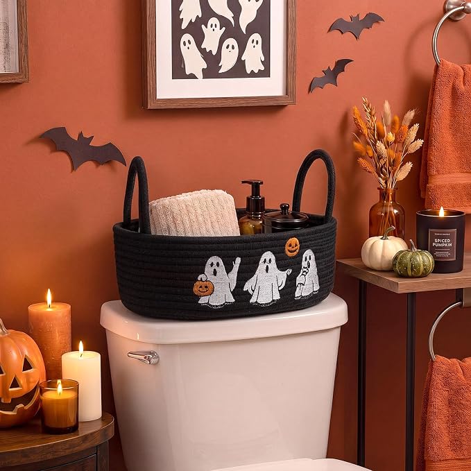 Vesici Halloween Ghost Storage Basket, Black Bathroom Caddy with Handle | Woven Cotton Rope, Ghost Embroidery Decor, Fits Toilet Tank Top or Countertop, 13 X 6 X 4 Inch Organizer for Any Room