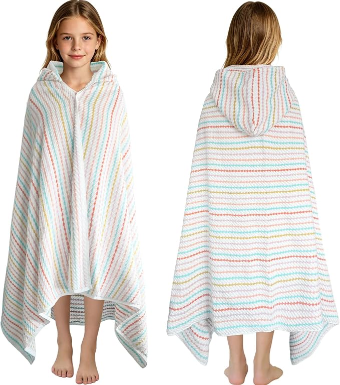 VOOVA & MOVAS Big Kids Hooded Towel Wrap, 8+, 100% Cotton,White Multi Color | Multi-Color Stripe Design, Soft, Absorbent & Fast Drying, Great for Beach Vacations