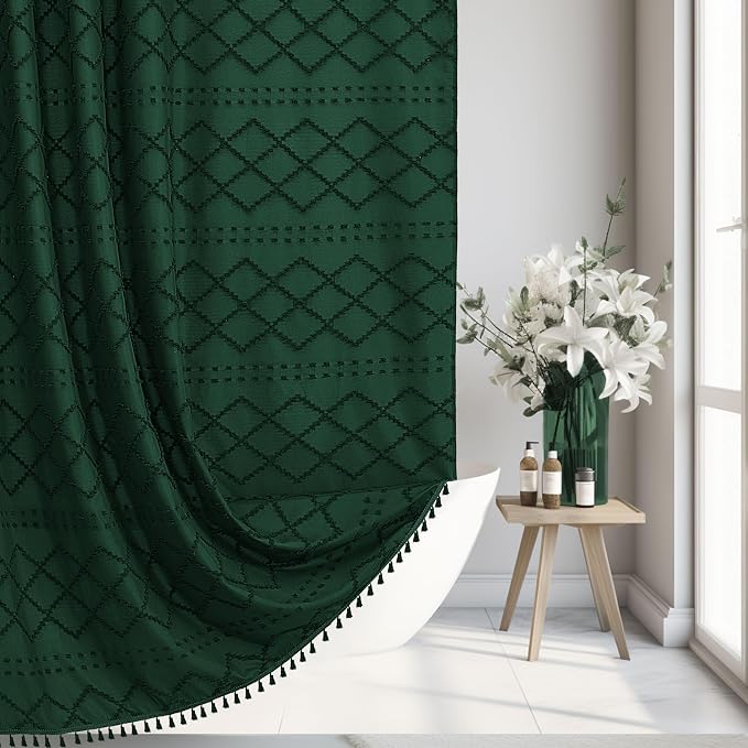 Siiluminisoy Extra Long Dark Green Boho Woven Fabric Cute 84 Inch Shower Curtain, 72 x 84 Tufted Chevron Textured Striped Modern Farmhouse Minimalist Cloth Shower Curtain for Bathroom