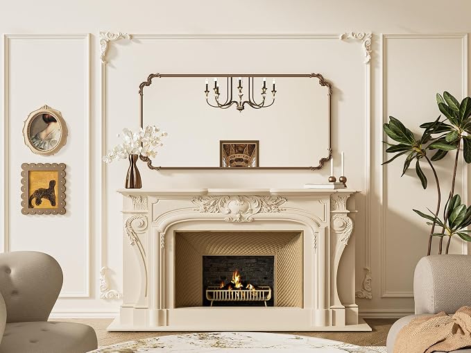 Vintage Antique Gold Rectangle Mirror for Mantle Fireplace 60 x 30 Traditional Baroque Ornate Scroll Wall Mirror with Metal Frame for Living Room Bedroom, Horizontal/Vertical