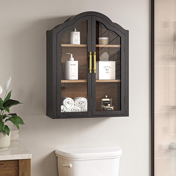 FIMELLO 23.6’’W Wave Design Arched Wall Cabinet, Bathroom Cabinet with Glass Doors Adjustable Shelf, Above Toilet Cabinet, Kitchen Wall Cabinet, Wall Bookshelf, Black Grain