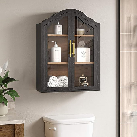FIMELLO 23.6’’W Wave Design Arched Wall Cabinet, Bathroom Cabinet with Glass Doors Adjustable Shelf, Above Toilet Cabinet, Kitchen Wall Cabinet, Wall Bookshelf, Black Grain