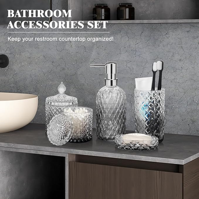 Bathroom Accessories Set, 5Pcs Bathroom Soap Dispenser Set, Glass Bathroom Accessories with Glass Soap Dispenser, Soap Dish, Toothbrush Holder, Tumbler, Qtip Holder