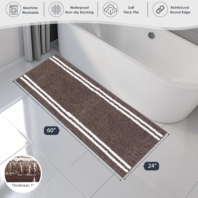 PURRUGS Bathroom Runner Rug, Bath Mat, 24" x 60", Brown | Machine Washable, Non-Slip, Waterproof TPR Backing, Super Absorbent, Quick Dry, Bath Rug for Shower, Bathtub, and Sink