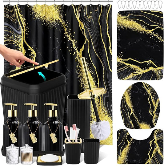 21PCS Bathroom Sets with Shower Curtain and Rugs Bathroom Accessories Set Black Bathroom Set Complete with Trash Can, Toilet Brush, Qtip Holder & 3PCS Soap Dispenser