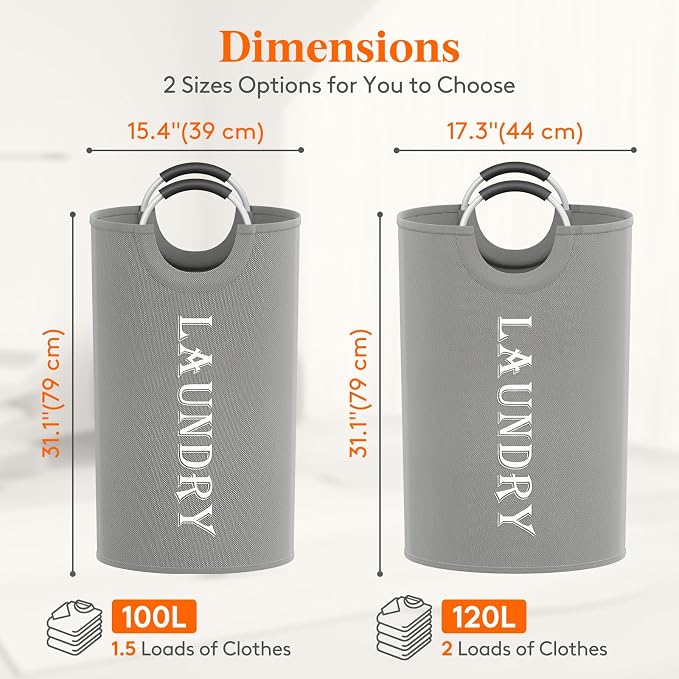 Lifewit 2 Pack 120L Laundry Basket with Aluminum Handles, Silver Grey | Collapsible Large Laundry Hamper, Waterproof Fabric, Freestanding Dirty Clothes Hampers for Dorm, RV, Bedroom, Laundry Room