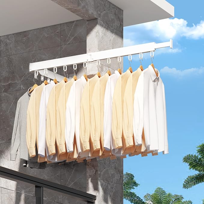 HEILAIYI Clothes Drying Rack,Laundry Drying Rack,Wall Mounted Clothes Rack,Laundry Rack Wall Mount,Folding Retractable Collapsible Drying Rack Clothing (Three-Poles,Loop Hooks,White)