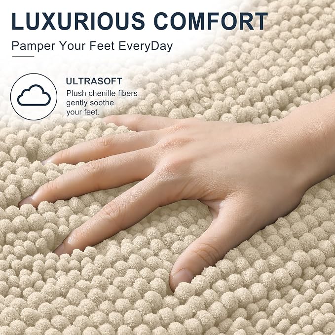 Smiry Thick Chenille Bathroom Runner Rugs 47x20, Absorbent Bath Mat, Sand | Quick‑Dry & Machine Washable, Non‑Slip Bath Carpet, Soft Striped Bath Rugs for Tub & Shower, Modern Home Decor Accessories