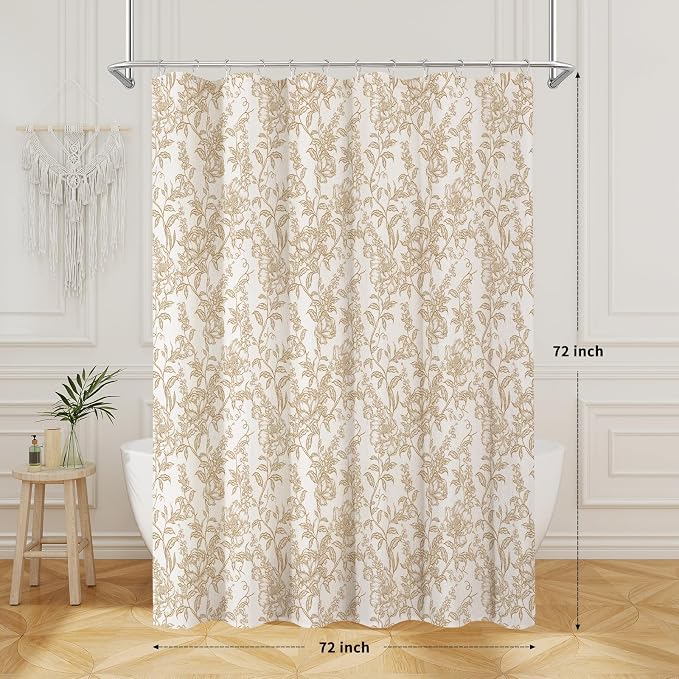 Brown Boho Linen Shower Curtain, Farmhouse Floral for Bathroom | Botanical floral print. Rustic farmhouse boho decor. Durable linen blend fabric. Machine washable for easy care. 72x72